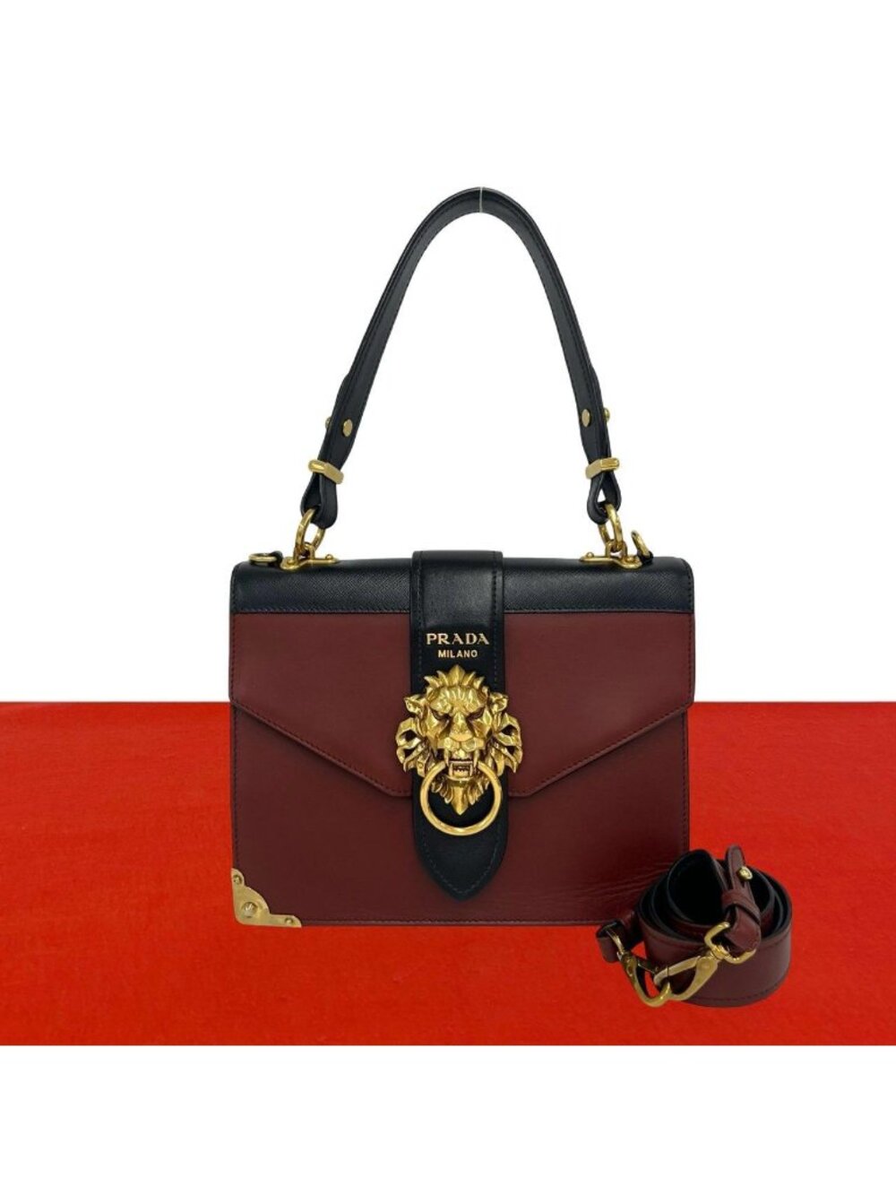 Prada Cahier Lion Head Logo Leather 2-Way Shoulder Bag Pochette Wine Red Black